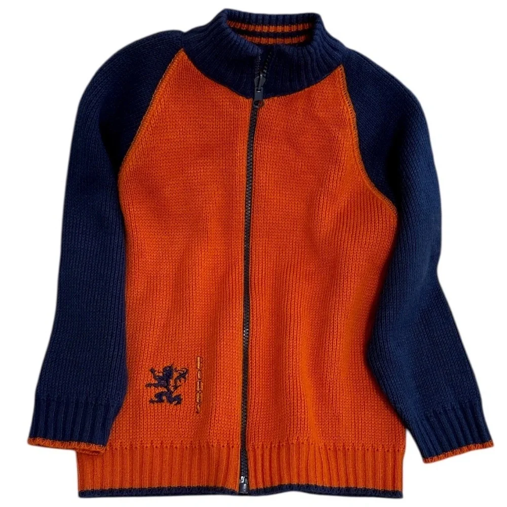 Vintage Boys Orange Navy Blue Knit Sweater Jacket Coat Size Small Netherlands